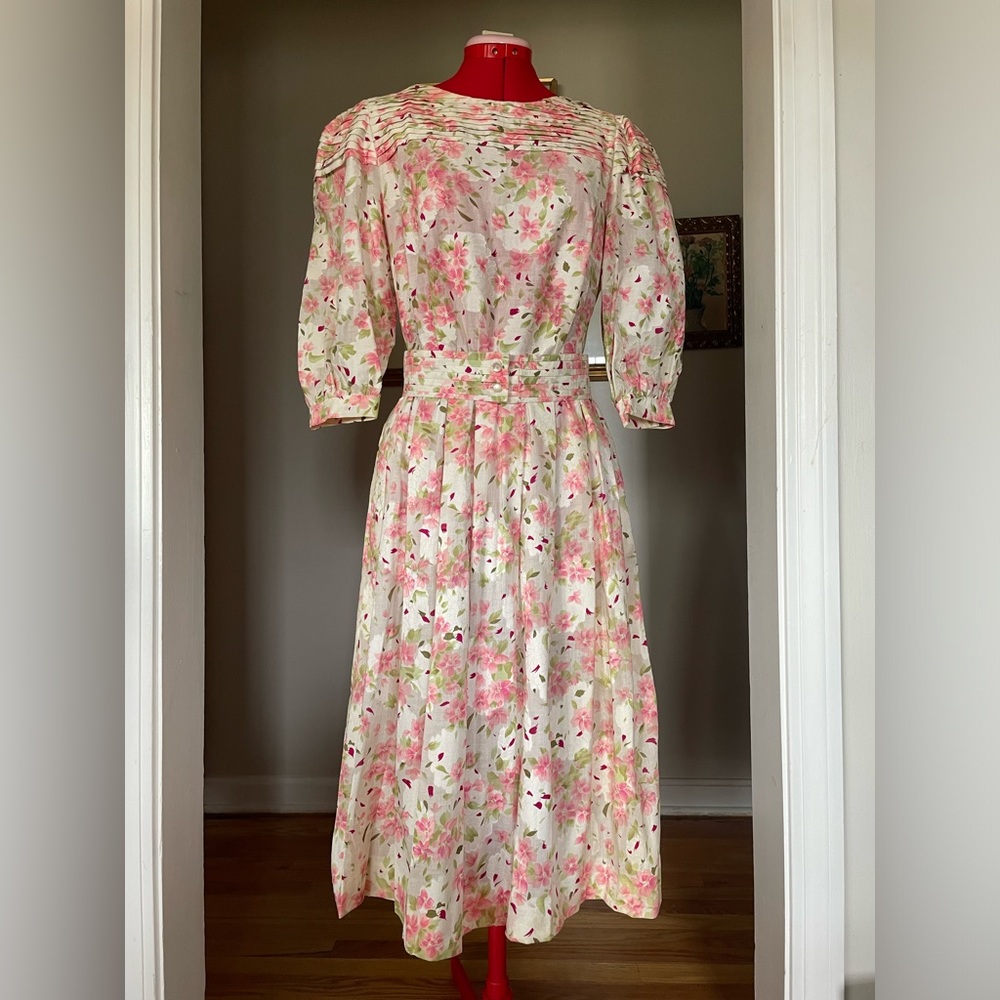 Vintage Richard Warren Pink Floral Long-sleeve Belted Midi Fit & Flare Dress